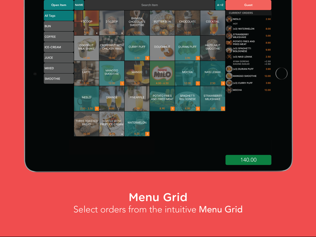 Slurp Waiter - Slurp Waiter iPad app interface showing a visual menu grid for fast restaurant order entry