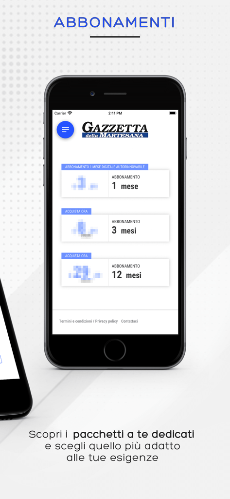 Gazzetta della Martesana - Mobile app interface showing monthly and annual subscription packages for Gazzetta della Martesana newspaper