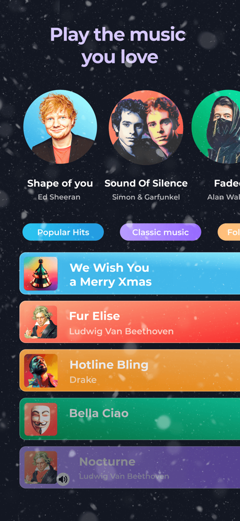 Piano - Keyboard Lesson & Game - Ein Menübildschirm der Klavier-App mit beliebten Musikhits und klassischen Klavierstücken, die die Benutzer spielen können