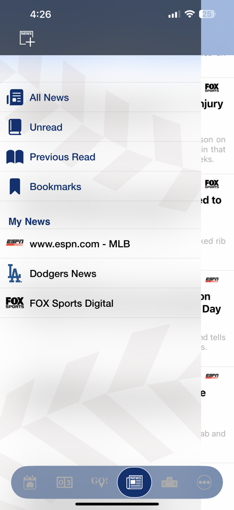 Go Yard app RSS news reader menu with Dodgers and MLB sports sources