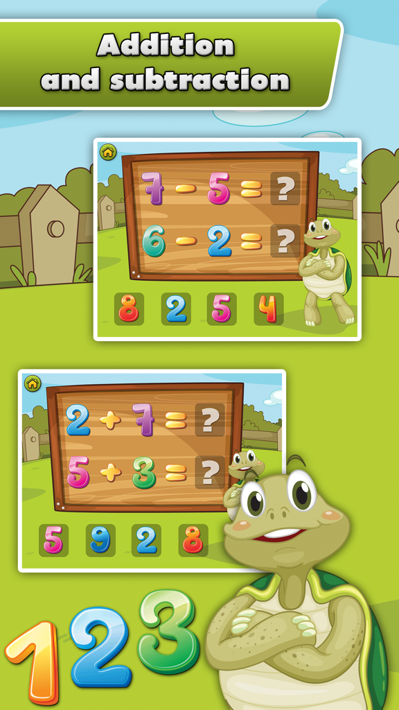 Turtle Math for Kids - Children Learn Numbers, Addition and Subtraction - Educational game screen from Turtle Math for Kids showing addition and subtraction problems with numbers and a turtle mascot.