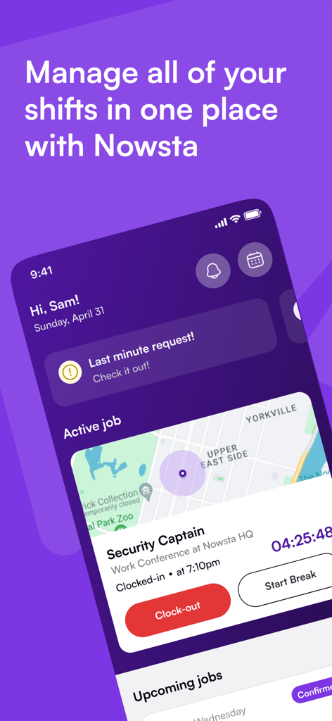 Nowsta app interface showing an active job shift with map and clock out options