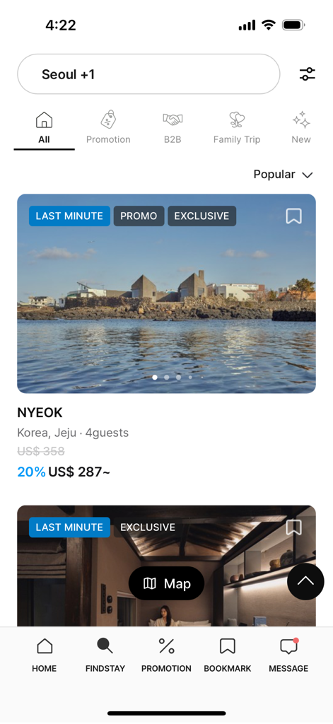 STAYFOLIO - STAYFOLIO mobile app interface showing high-end boutique accommodation listings with architectural design and exclusive promotions.