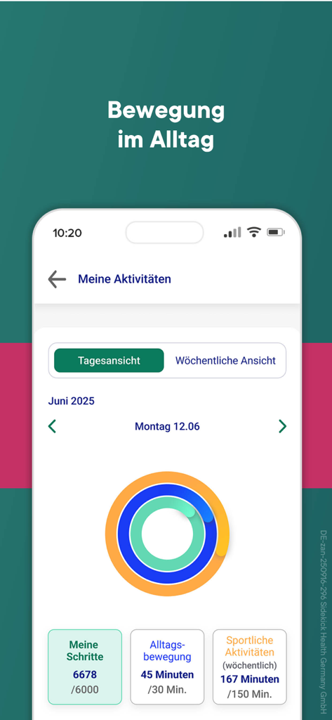 Bildschirm zur täglichen Aktivitätsverfolgung in der medizinischen Gewichtsverlust-App zanadio, der Schritte und den Bewegungsfortschritt anzeigt.