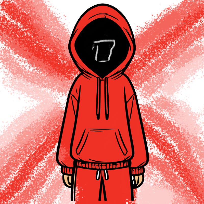 faceless girl in a tracksuit with a hood on and no hair