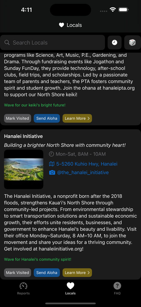 The Locals tab of the Hanalei app displaying community information and local nonprofit listings