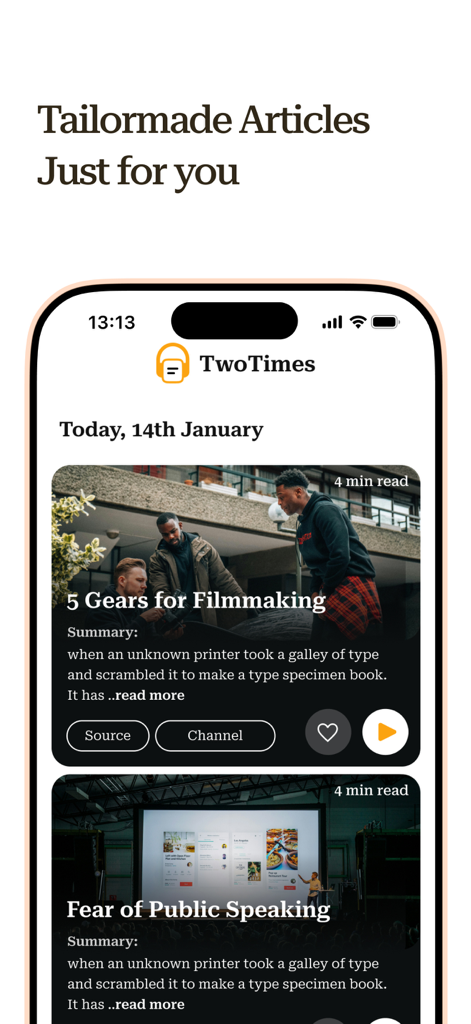 Two-Times - Two-Times app interface showing a personalized news feed with AI generated article summaries