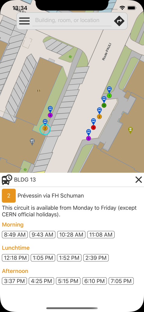 MapCERN - MapCERN app screen showing CERN campus map and shuttle bus schedule for Building 13.