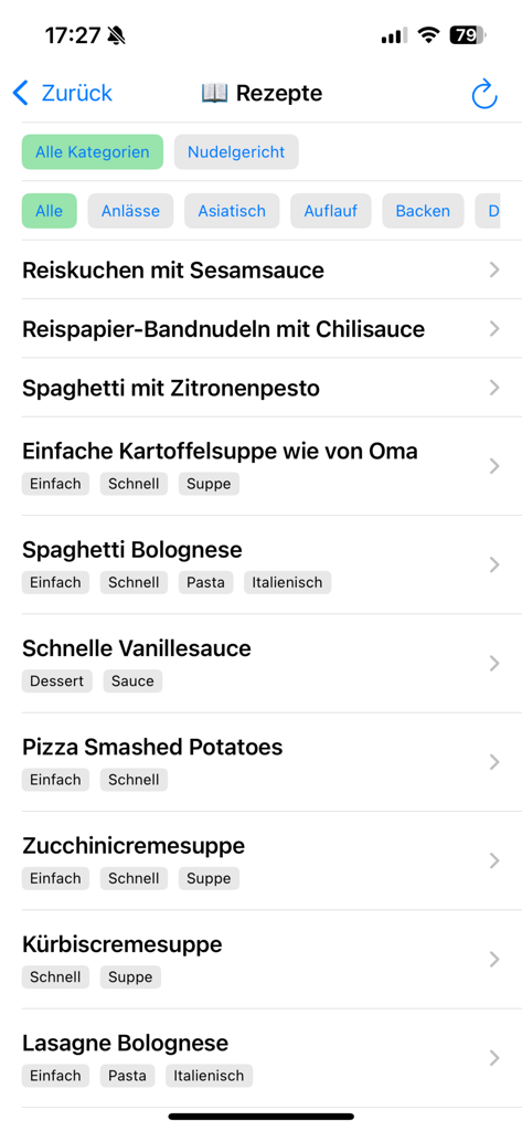 Mealie Recipes - A list of recipes in the Mealie Recipes app featuring category filters and descriptive tags.