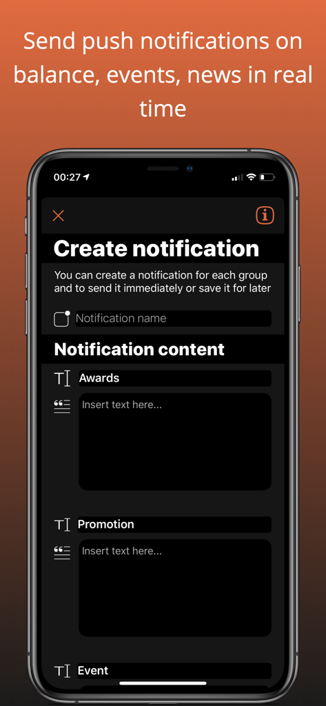 Oberfläche zum Erstellen und Senden von Echtzeit-Push-Benachrichtigungen für Kundenprämien und Sonderangebote.