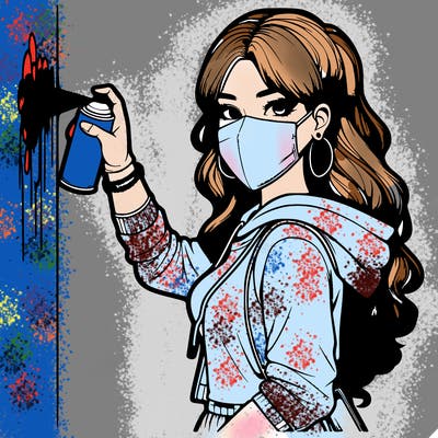 realistic girl with mask spray painting a wall