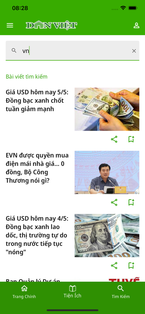 danviet.vn - Search interface of the Dan Viet news app showing articles about currency exchange rates in Vietnamese