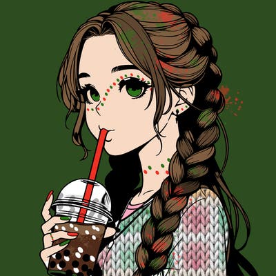 realistic girl with braided hair drinking boba