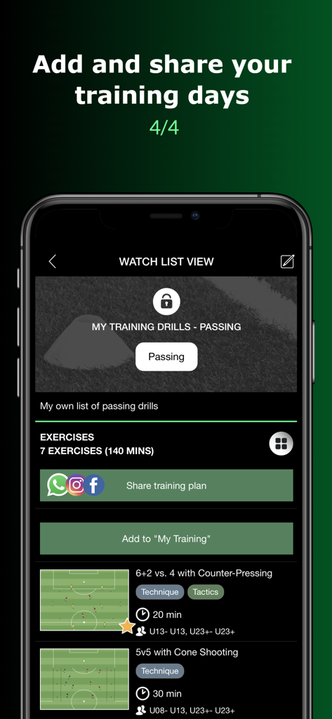 Interface da aplicação de futebol easy2coach mostrando uma lista de exercícios de treino com opções de partilha