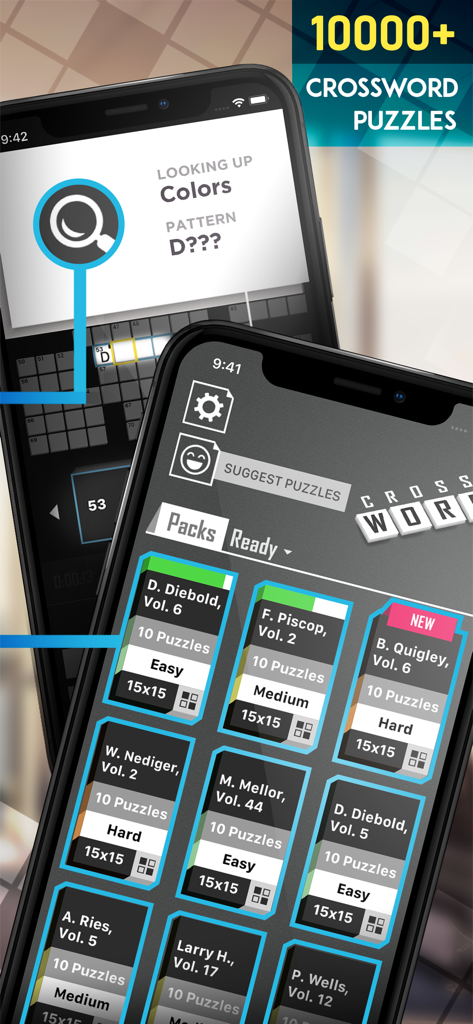 Crossword Puzzle Redstone - Schermata di uno smartphone che mostra vari pacchetti di cruciverba con livelli di difficoltà facili, medi e difficili da costruttori professionisti.
