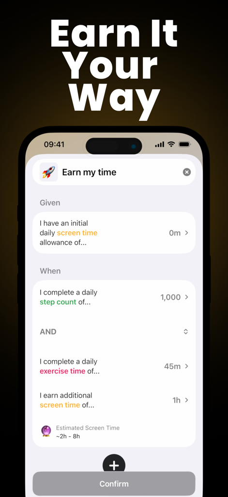 Fitlock: Earn Your Screen Time - Fitlock app interface for setting fitness goals like step count and exercise time to earn screen time rewards