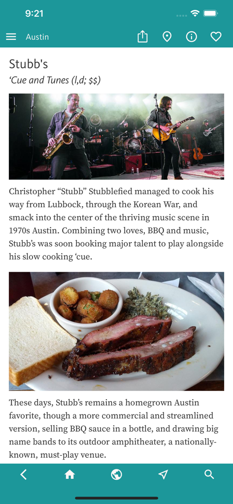 オースティン旅行ガイドアプリのスタッブスBBQ＆ライブミュージック会場のページ。バンドと料理の写真が表示されている。