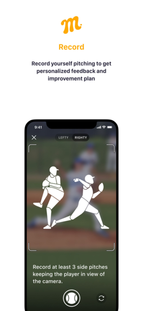 Mustard: Pitching - Écran d'iPhone montrant l'interface d'enregistrement de l'application Mustard Pitching avec des silhouettes de joueurs de baseball et des instructions pour capturer la mécanique de lancer.