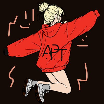 realistic girl jumping with a bun and oversized sweatshirt