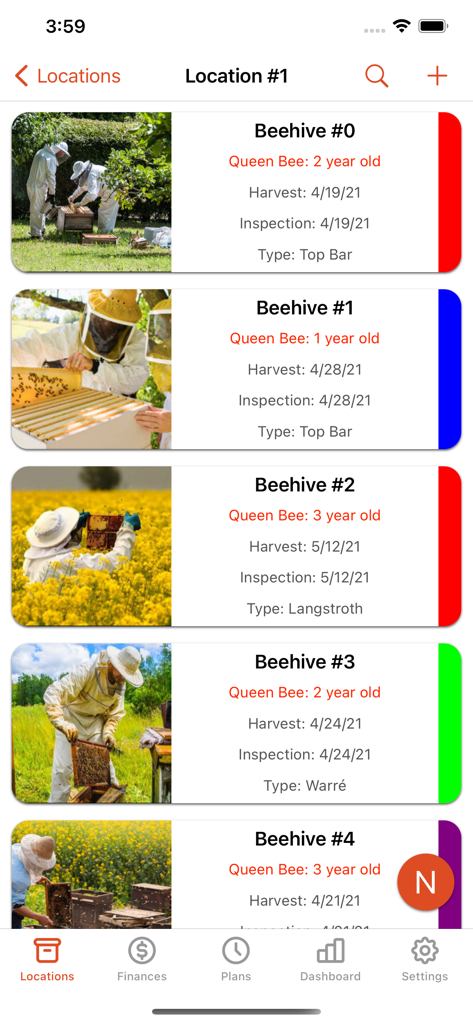 Mobile app screen displaying a list of beehives with management details like queen age and inspection dates