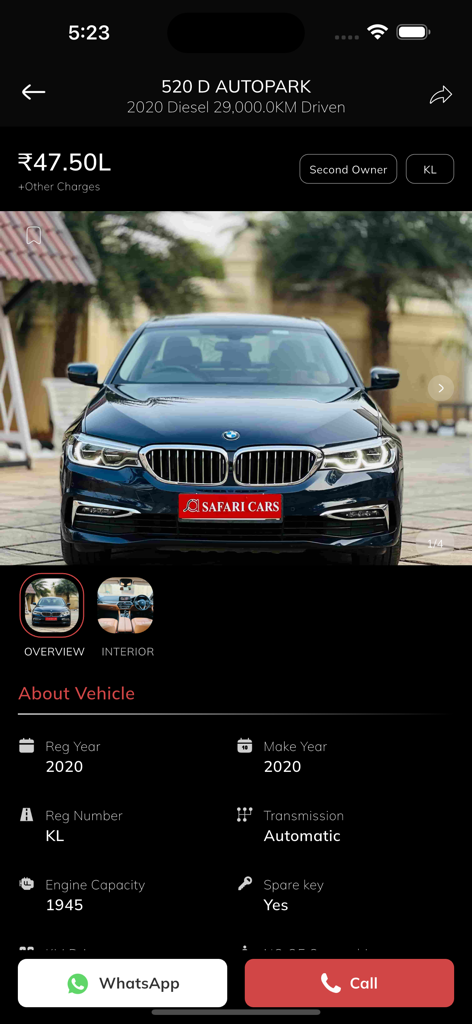 Safari Cars - Interface do aplicativo Safari Cars mostrando um anúncio de BMW 520 D 2020 com detalhes do veículo e botões de contato