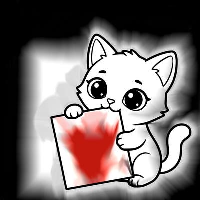 a small cat with a blank sheet of paper in its hand. the cat is sooooooo cute!