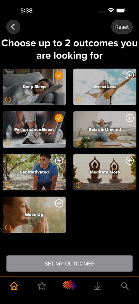 Mobile screen for selecting mental wellness outcomes in the BrainTap app with categories like Deep Sleep and Performance Boost