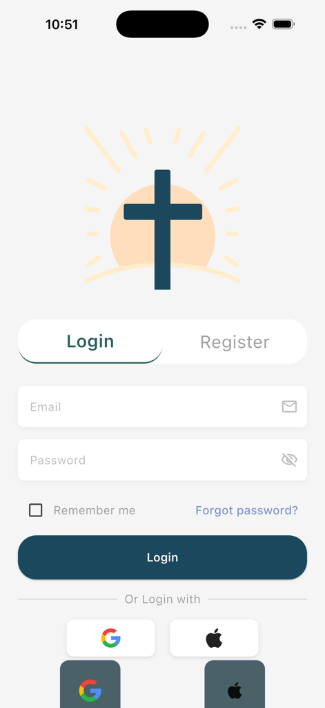 Login screen for the Biblity app featuring email and social login options with a stylized cross icon.
