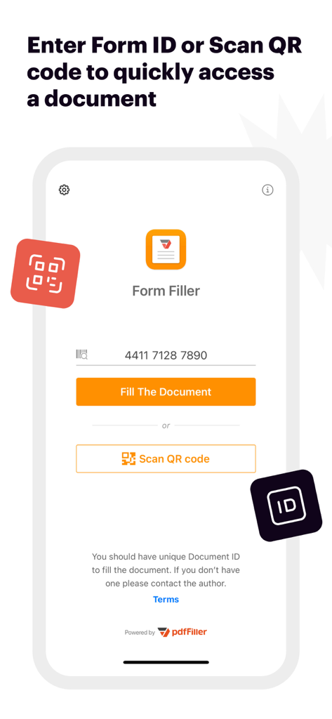 Interface do aplicativo Form Filler mostrando opções para inserir um ID de formulário ou escanear um código QR para acessar um documento.