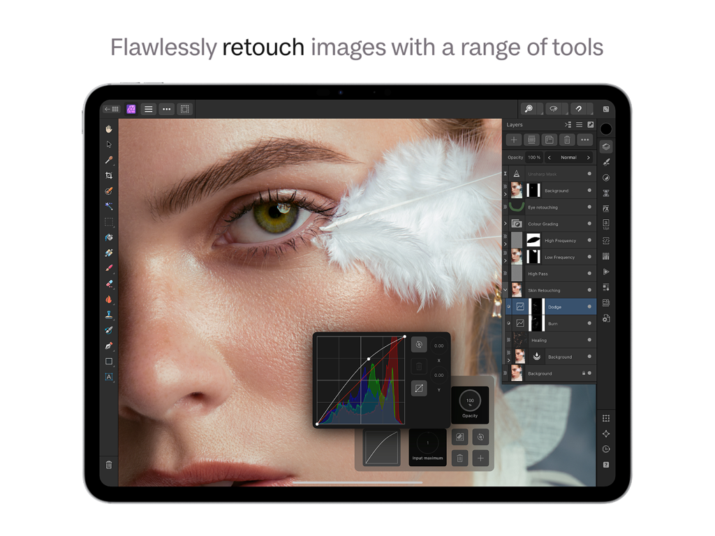 Interfaz profesional de retoque fotográfico en Affinity Photo 2 para iPad mostrando capas y curvas de ajuste