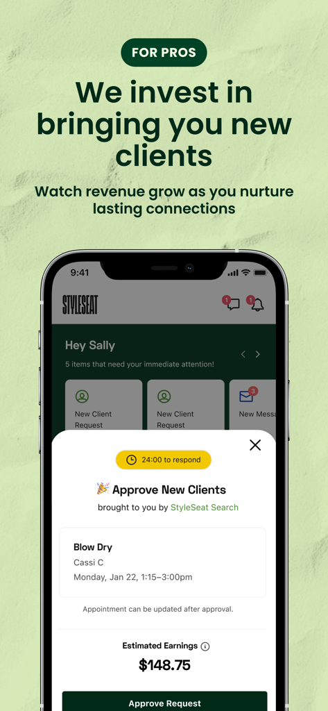 Interface do aplicativo StyleSeat para profissionais de beleza mostrando uma solicitação de novo cliente para serviço de escova e ganhos estimados