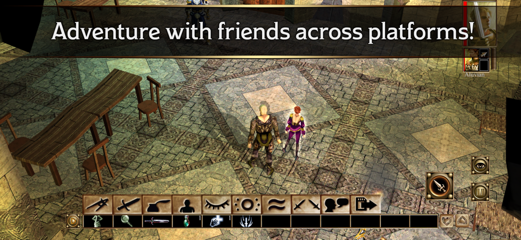 In-game screenshot of Neverwinter Nights showing character avatars and cross-platform play message.