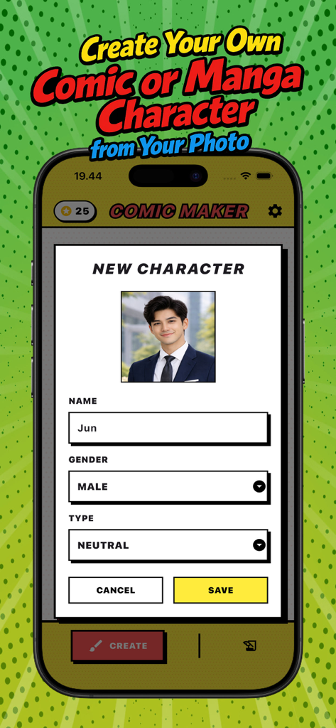 A mobile interface for the AI Comic Maker app showing a form to create a new character from a photo with name and gender fields.