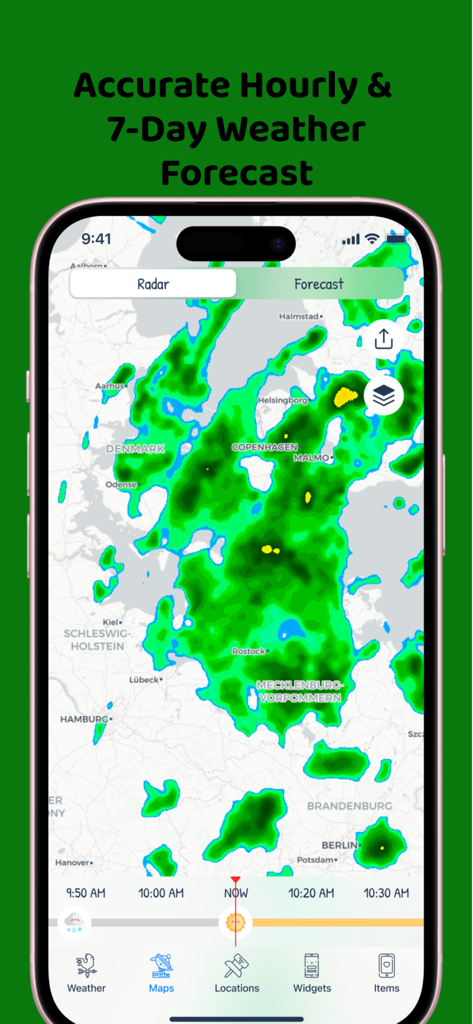 A smartphone showing the radar map feature in the CuteWeather app with precipitation overlays and navigation icons.
