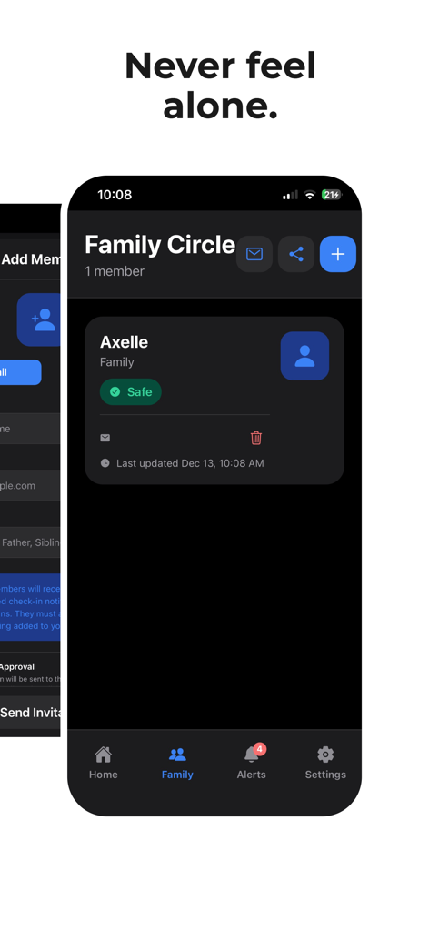 Tela Círculo da Família do aplicativo Beep Safe mostrando um contato marcado como seguro.