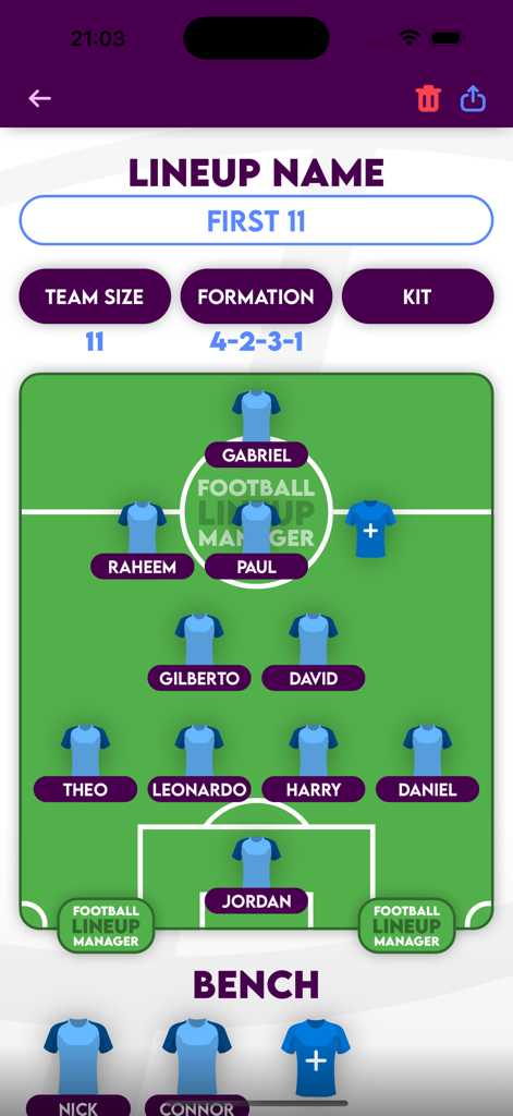 Football Lineup Manager - Interface du gestionnaire d'alignement de football affichant une formation d'équipe 4-2-3-1