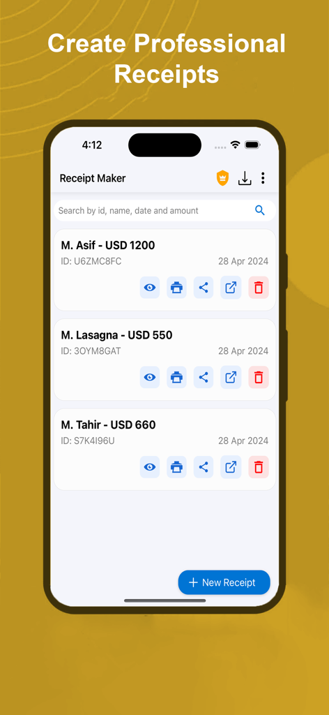 Receipt Maker:Sign Send, Print - Receipt Maker app dashboard displaying a list of professional receipts with options to view print and share