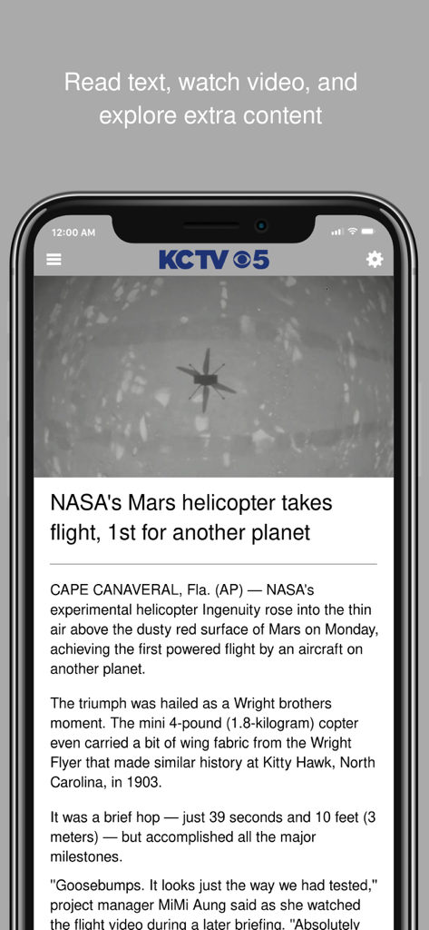 KCTV5 News - Screenshot of the KCTV5 News app showing a news article about NASA Mars helicopter