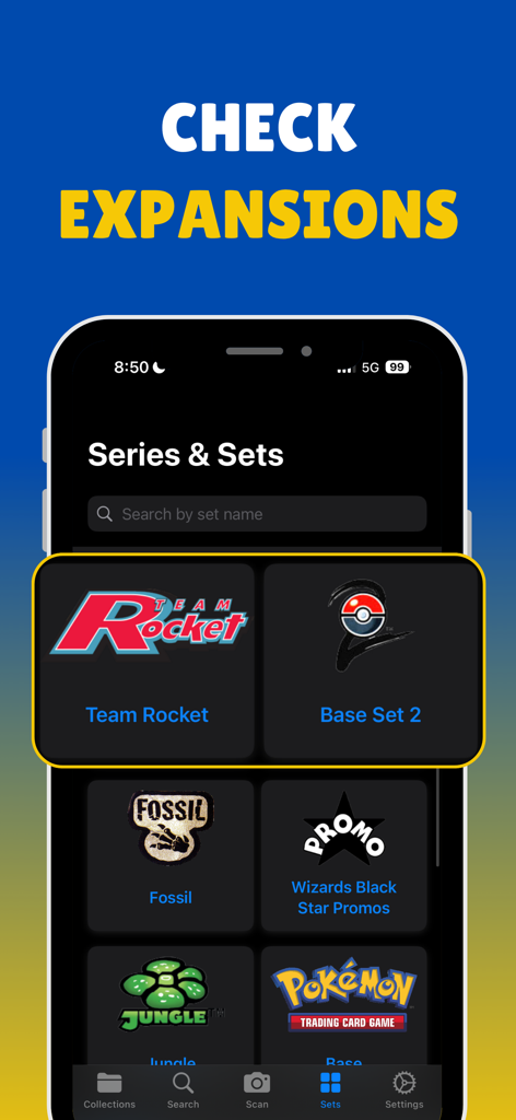 TCG - Card Scanner for Pokémon - A mobile app interface displaying various Pokémon TCG expansion sets including Team Rocket, Fossil, and Jungle.