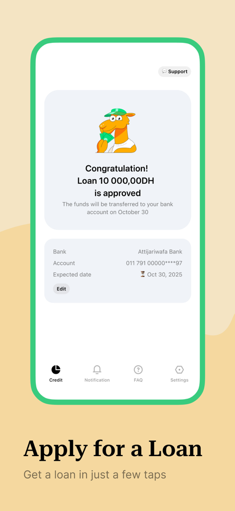Credit Plus mobile app screen showing a successful loan approval of 10000 DH with a cartoon camel mascot