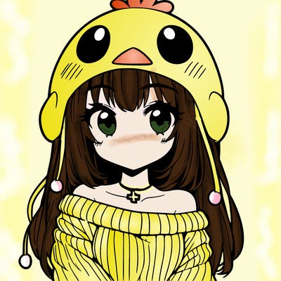 anime girl with chick shaped hat with sweater with bare shoulders with bangs covering them one eye with low tail