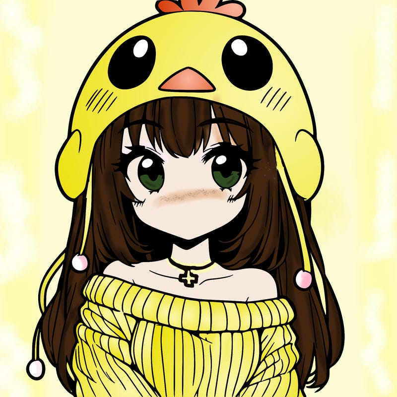 anime girl with chick shaped hat with sweater with bare shoulders with bangs covering them one eye with low tail