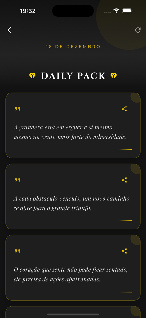 Frases Status + IA - Frases StatusアプリのDaily Pack機能、ダークテーマでモチベーショナルな引用を表示