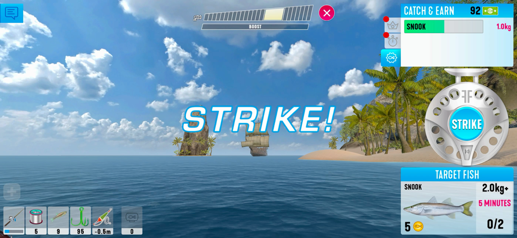 Fishing Friends 3D - Big Catch - Captura de pantalla del juego de Fishing Friends 3D que muestra un evento de picada y un róbalo tropical del Caribe como pez objetivo