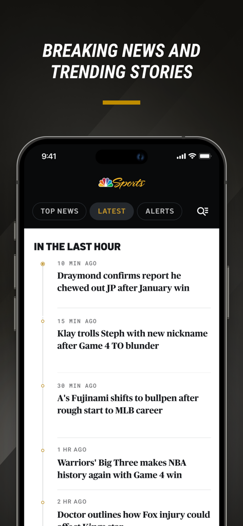 NBC Sports Bay Area & CA - NBC Sports Bay Area app interface showing a feed of latest breaking news and trending sports stories