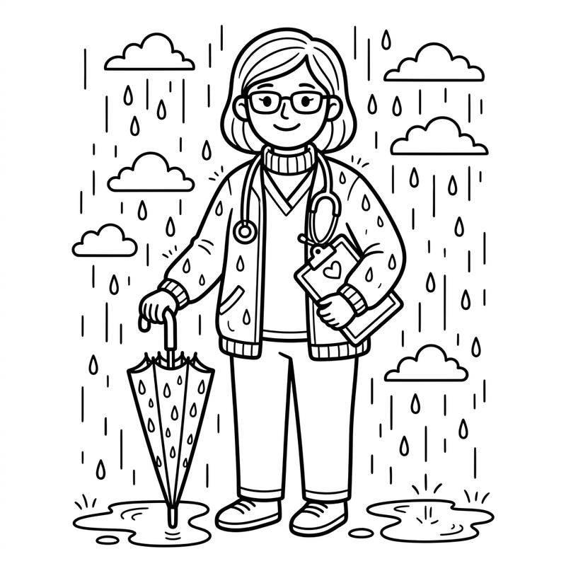Honor the dedication of nurses with this charming coloring page, depicting a healthcare hero ready for a rainy day. This delightful scene combines gratitude with the cozy atmosphere of falling raindrops, inviting you to add a splash of color.