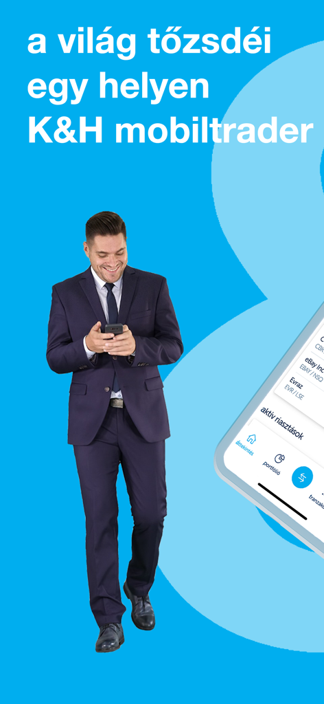 Un hombre de traje usando la aplicación K y H mobiltrader para ver bolsas de valores globales