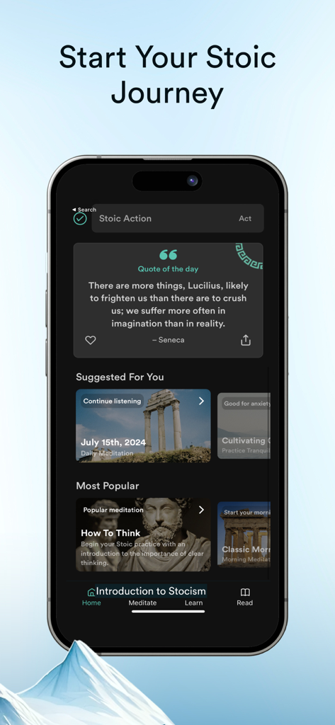 Stoa app dashboard showing daily stoic quotes and guided meditation content
