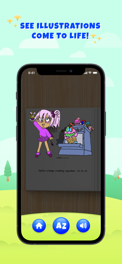 Angel's AR Book - Smartphone displaying an augmented reality animation of a girl and cupcakes from Angel's AR Book