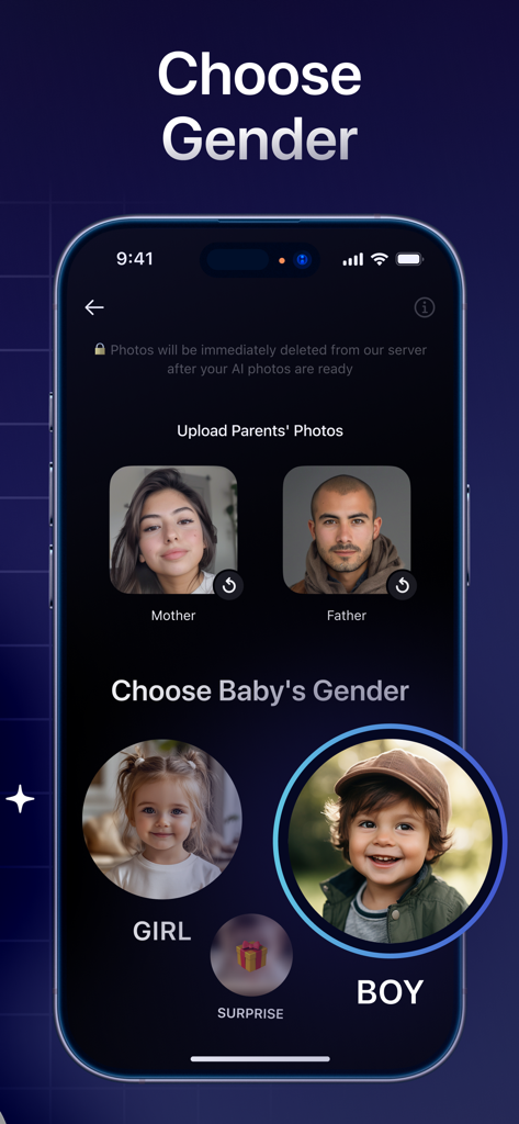 Future Baby Face Generator AI - Future Baby Face Generator app interface showing parent photo uploads and baby gender selection options for girl, boy, or surprise.